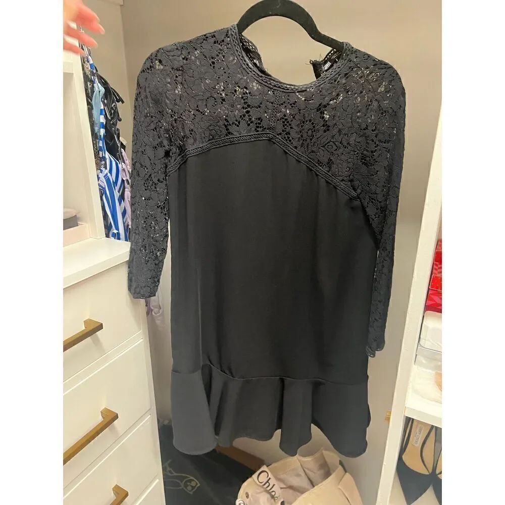 Zara Black Long Sleeve Lace Detail drop hem Dress length 33”